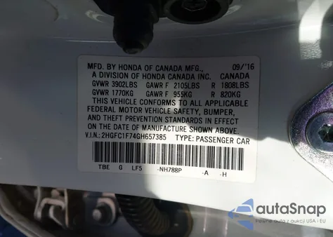 2016 Honda Civic Ex-L z USA, uszkodzony, nr VIN 2HGFC1F74GH657385